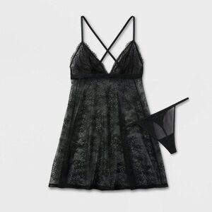 Women's Lace Triangle Lingerie Babydoll with Thong - Auden Black Size 2X